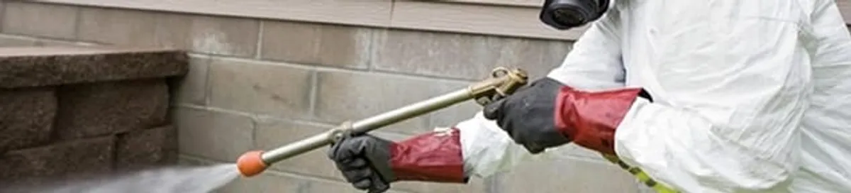 Pest control technician applying exterior insect treatment along a home foundation in Aurora, IL