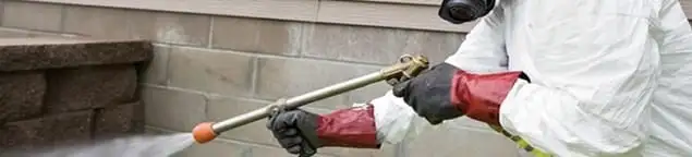Pest control technician applying exterior insect treatment along a home foundation in Aurora, IL