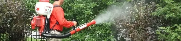 Mosquito control technician fogging shrubs and landscaping for mosquito treatment in Aurora, IL